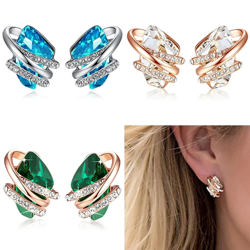 

New Unique Geometric Blue/Green/White Cubic Zirconia Stud Earrings for Women Engagement Wedding Party Fashion Earring Jewelry