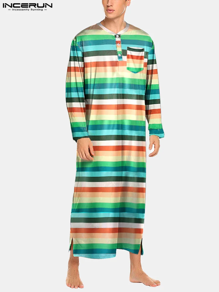 

2023 Spring Man Casual Button Homewear Gown INCERUN Men Colorful Striped Sleep Robes Long Sleeve O Neck Comfy Sleep Robes S-5XL