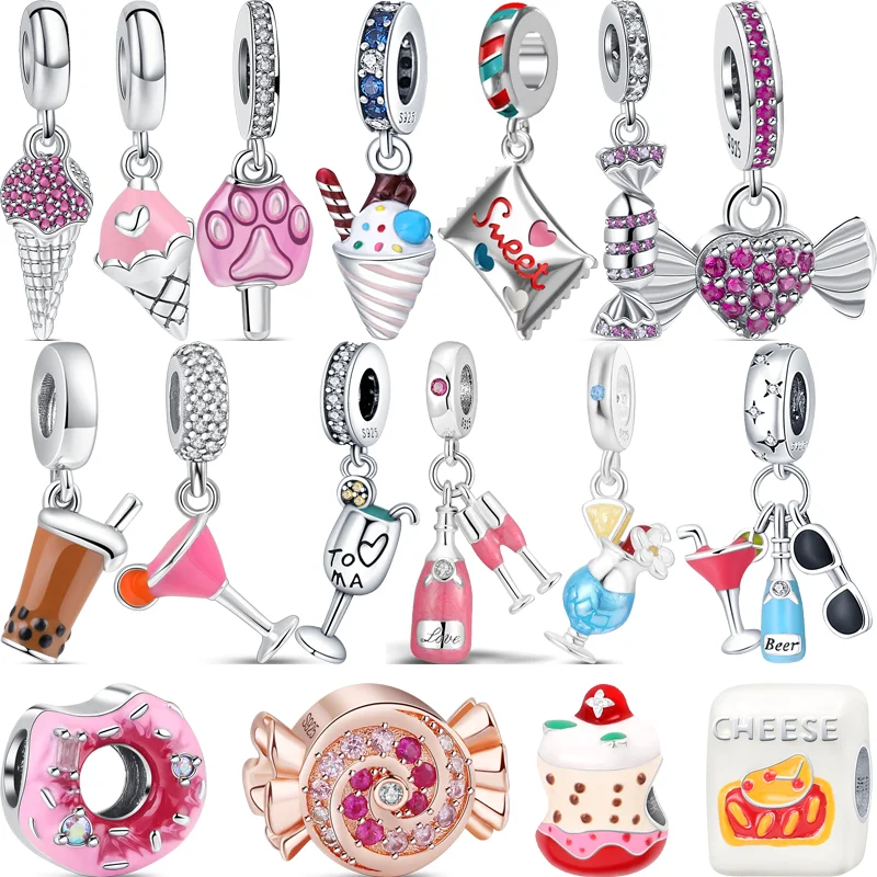 Fit Originale Pandora Charms Bracciale Gioielli 925 Argento Massiccio Ciambella Dessert Torta Di Compleanno Tazza Di Caffè Gelato Caramelle Perline Do