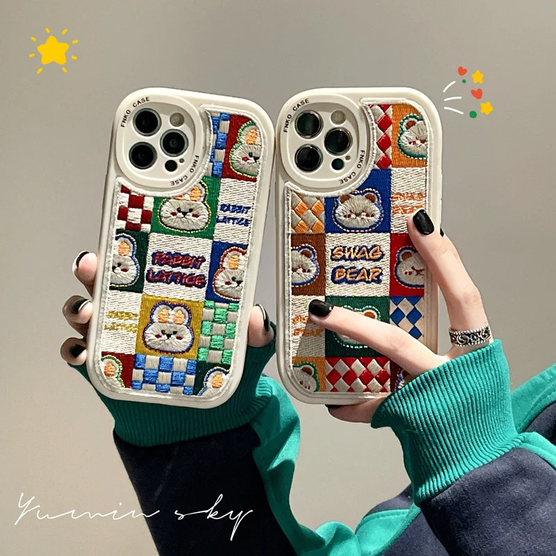 

Ringer bear rabbit suitable for iphone13promax for Apple 12 mobile phone case 11 embroidery XS couple XR soft 8p