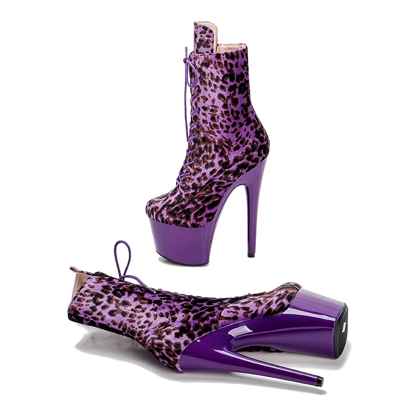 Leecabe 17CM/7Inches Leopard  PU upper High Heel platform Boots   Pole Dance boot