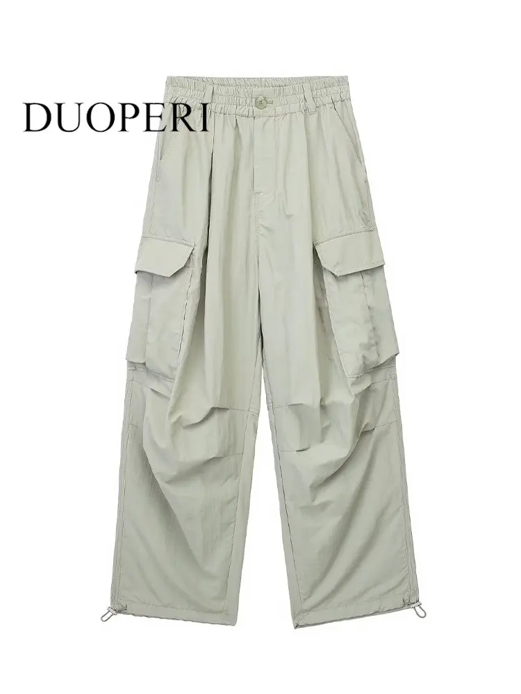 

Женские модные однотонные брюки DUOPERI с карманами, на молнии спереди, винтажные длинные женские шикарные брюки с высокой талией и широкими штанинами
