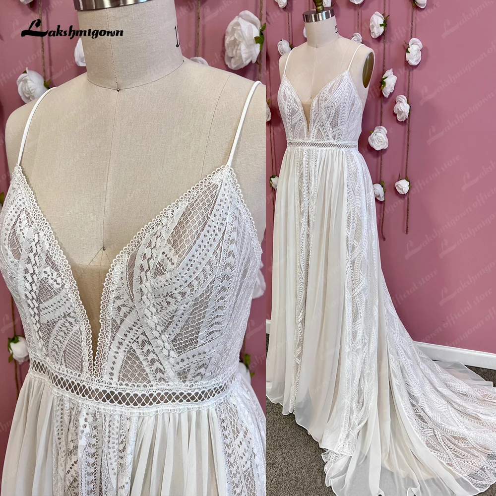 

Lakshmigown Lace Chiffon A-Line Wedding Dresses Sweep Train Floor-Length V-Neck Spaghetti Straps Bridal Gowns Vestidos de Nova