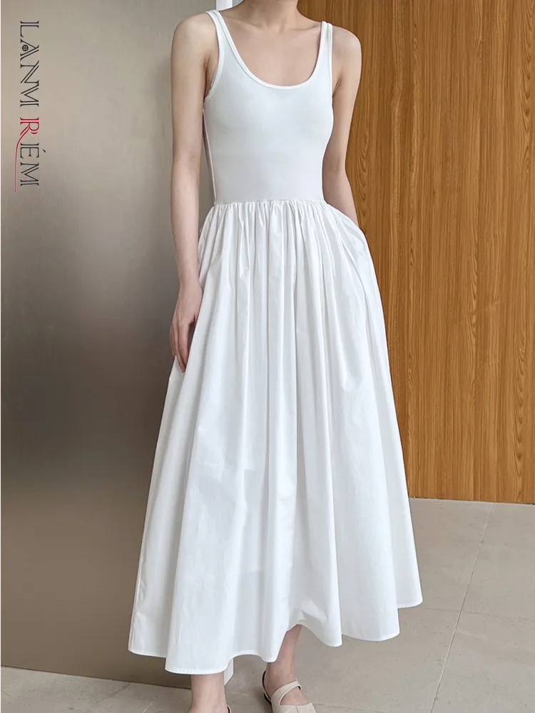 LANMREM Casual Dress For Women Round Neck Sleeveless Spliced High Waist A-line Dresses Female Clothing 2023 Summer New 2YA1927