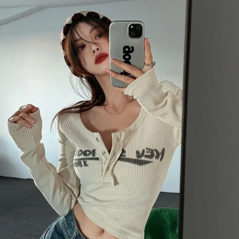 

Y2K Harajuku T-shirt women's autumn casual round neck long-sleeved T-shirt retro street fashion chic cotton T-shirt sexy top