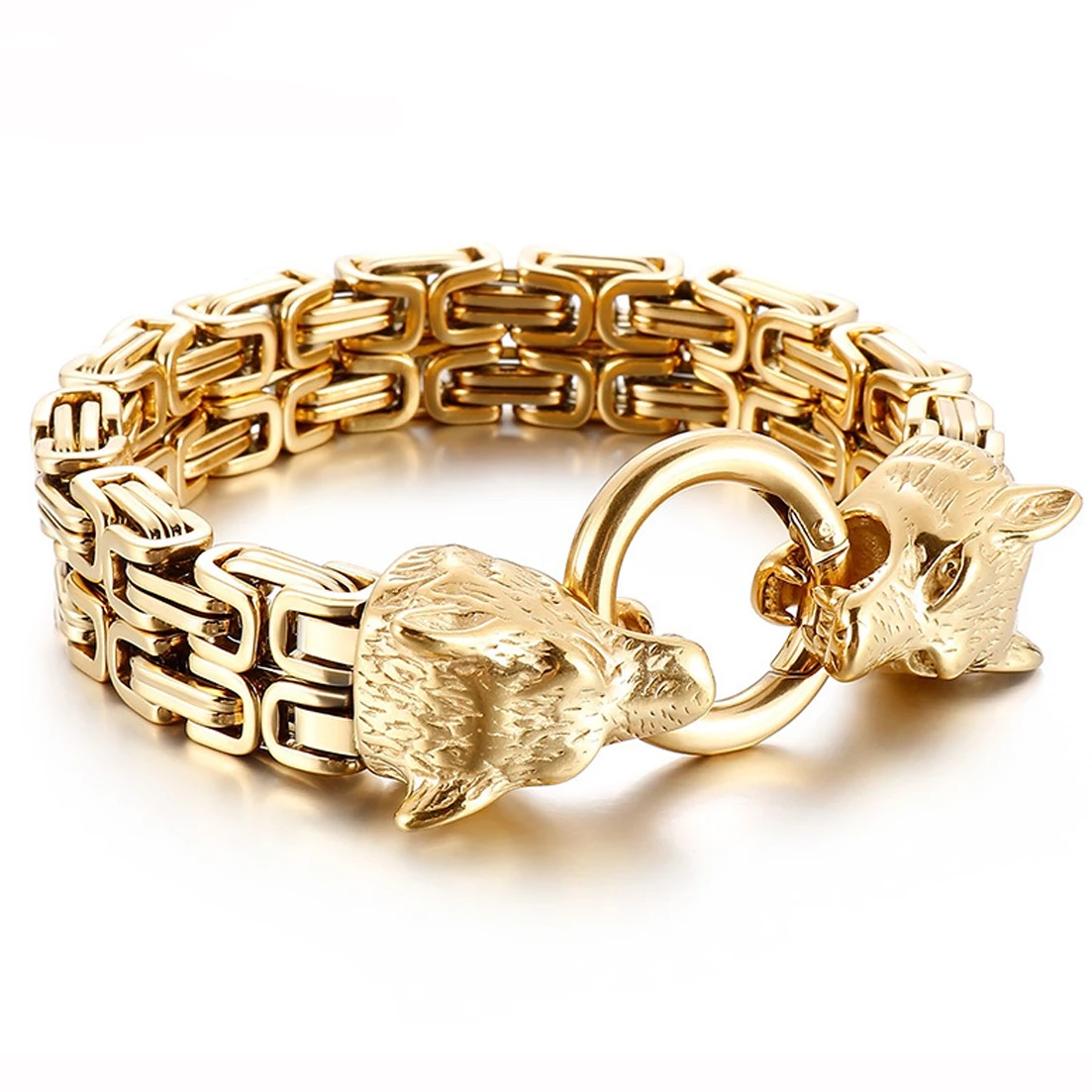 

Granny Chic Men's Gold Tone 316L Stainless Steel Royal Byzantine Box Chain Wolf Head Buckle Bracelet Bangle 7mm 19-21cm