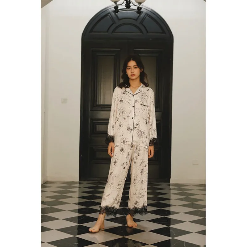 Лето 2024 Женский Атласный пижамный комплект из двух предметов с кружевными