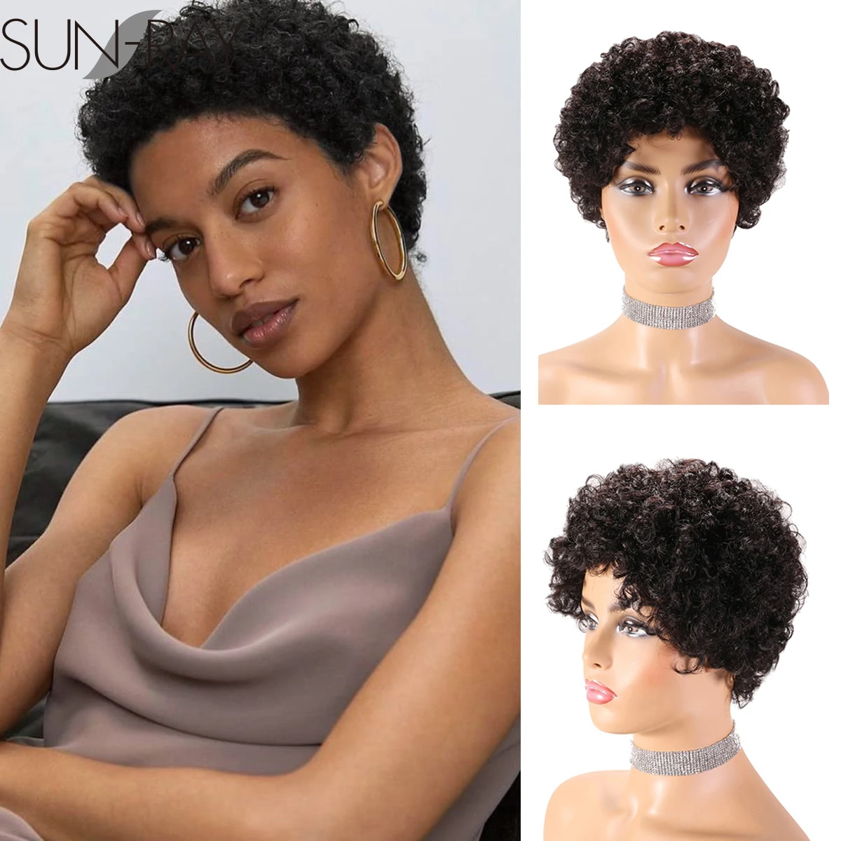 

Short Afro Curly Human Hair Wigs for Black Women Brazilian Remy Human Hair Wig Made Machine Glueless Cheap Wigs Natural Black