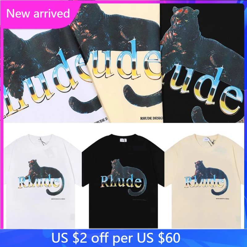 

RHUDE T-shirt Black Panther Letter Gradient Print Short Sleeve High Street Retro Men Women RHUDE Short Sleeve Tee