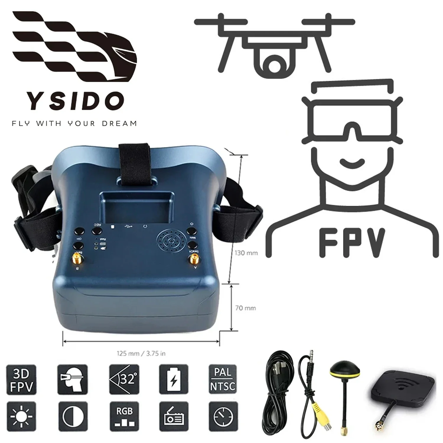Фото Очки SkyDElFPV 008D 5.8G 40CH 4.3-дюймовая видеогарнитура HD DVR Diversity с камерой для FPV-дрона EV800D RC Racing Micro BWhoop №2