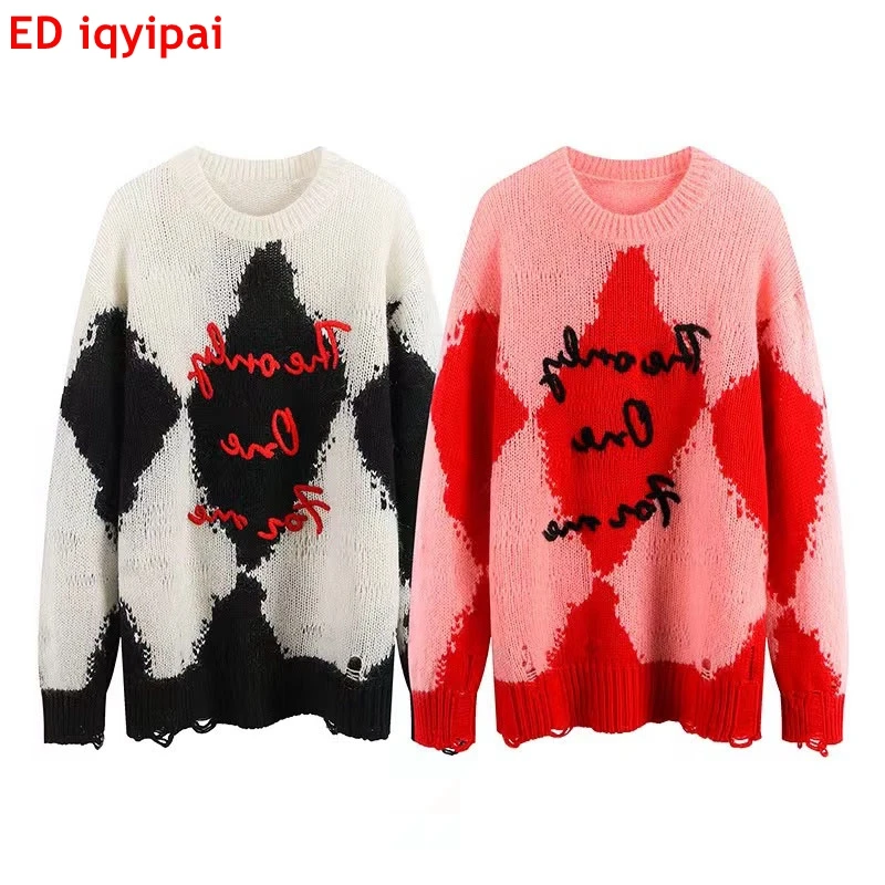 

ED iqyipai Women Sweater Lazy O-Neck Sweaters Autumn Knitted Sweater Fashion Oversize Streetwear Hip Hop Korean Loose Sweater
