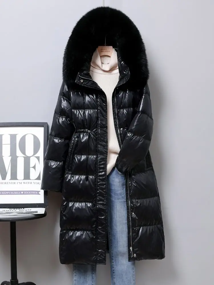 Women Long Down Jacket New Casual Style Fox Fur Collar White Duck Down Jackets Autumn Winter Coats And Parkas Female Outwear