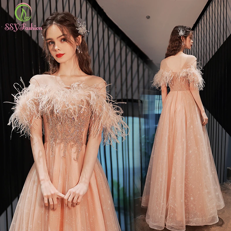 

Женское вечернее платье до пола SSYFashion, оранжевое розовое платье-трапеция с аппликацией из перьев, элегантное бальное платье