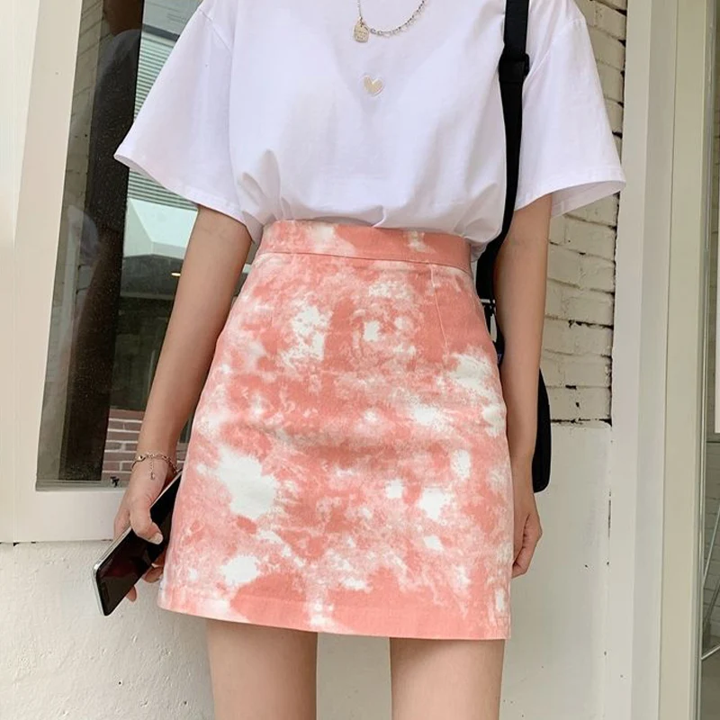 Tie-Dye Skirt Summer New 2022 Women Fashion High Waist Bodycon All-Match A-Line Mini Skirts Pink Cute Clothes Blue Jupe