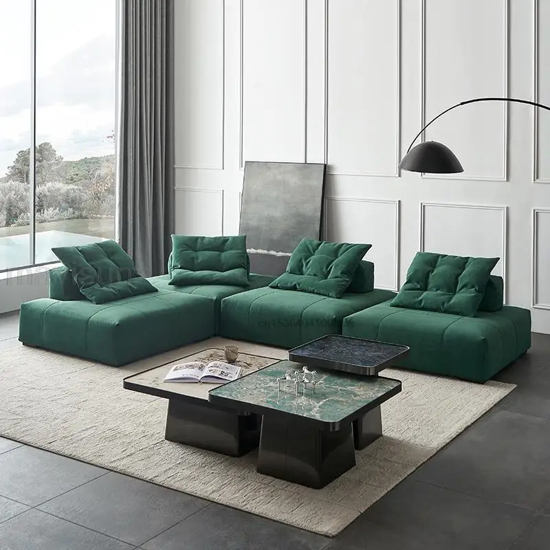 

Retro Green Tofu Module Combination Single Seat Sofa Chair Italian Matte Cloth Sofa Minimalist Style Living Room Furniture