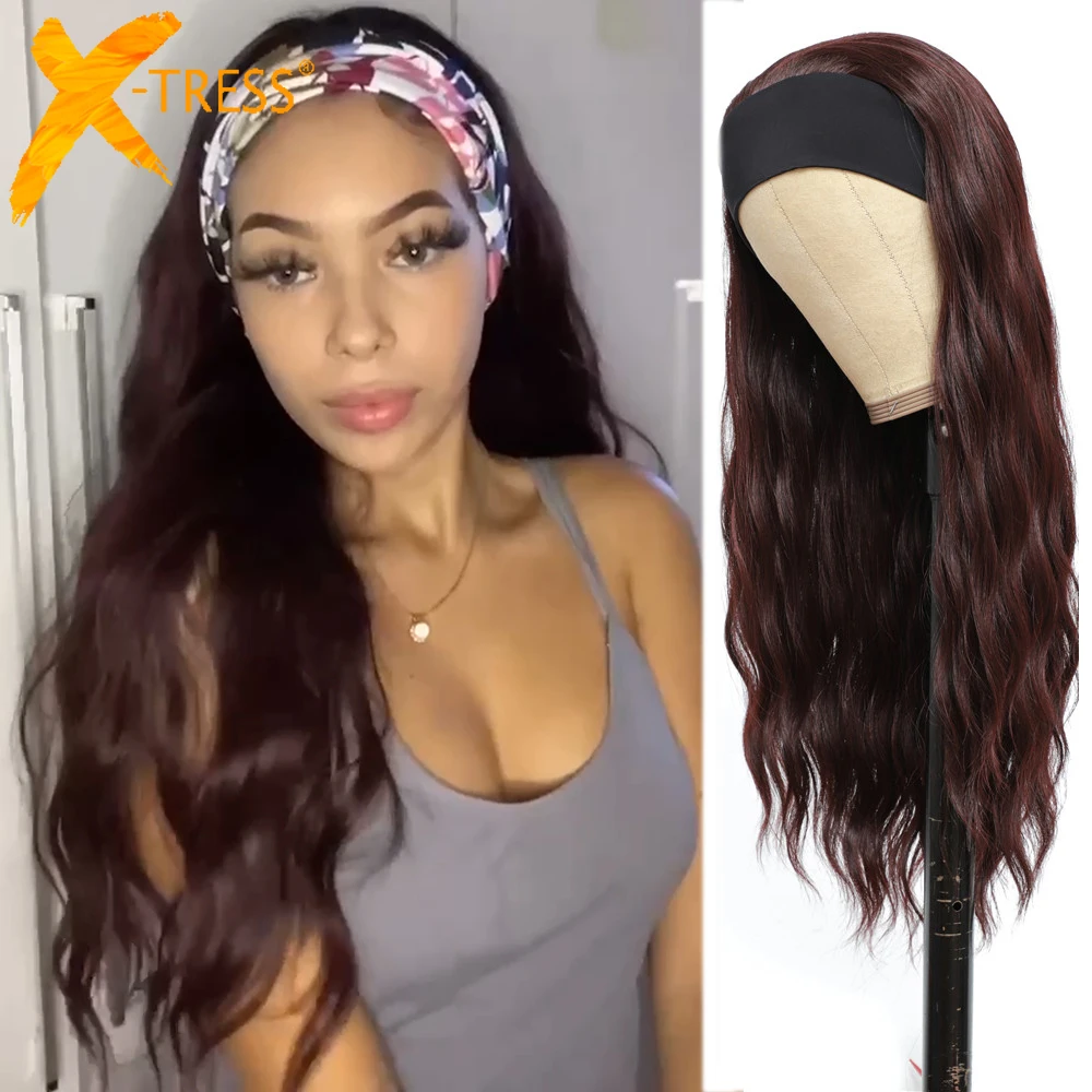 

99J Color Synthetic Headband Wig Natural Wave No Gel Glueless Scarf Long Curly Hair Wig For Black Women Machine Wigs X-TRESS