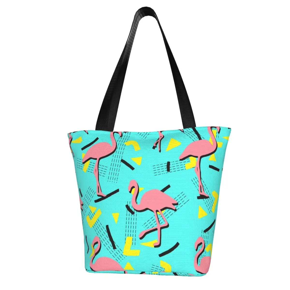 

Retro Memphis Shopping Bag Pink Flamingo Print Outdoor Cloth Handbags Female Fashion Reusable Bags