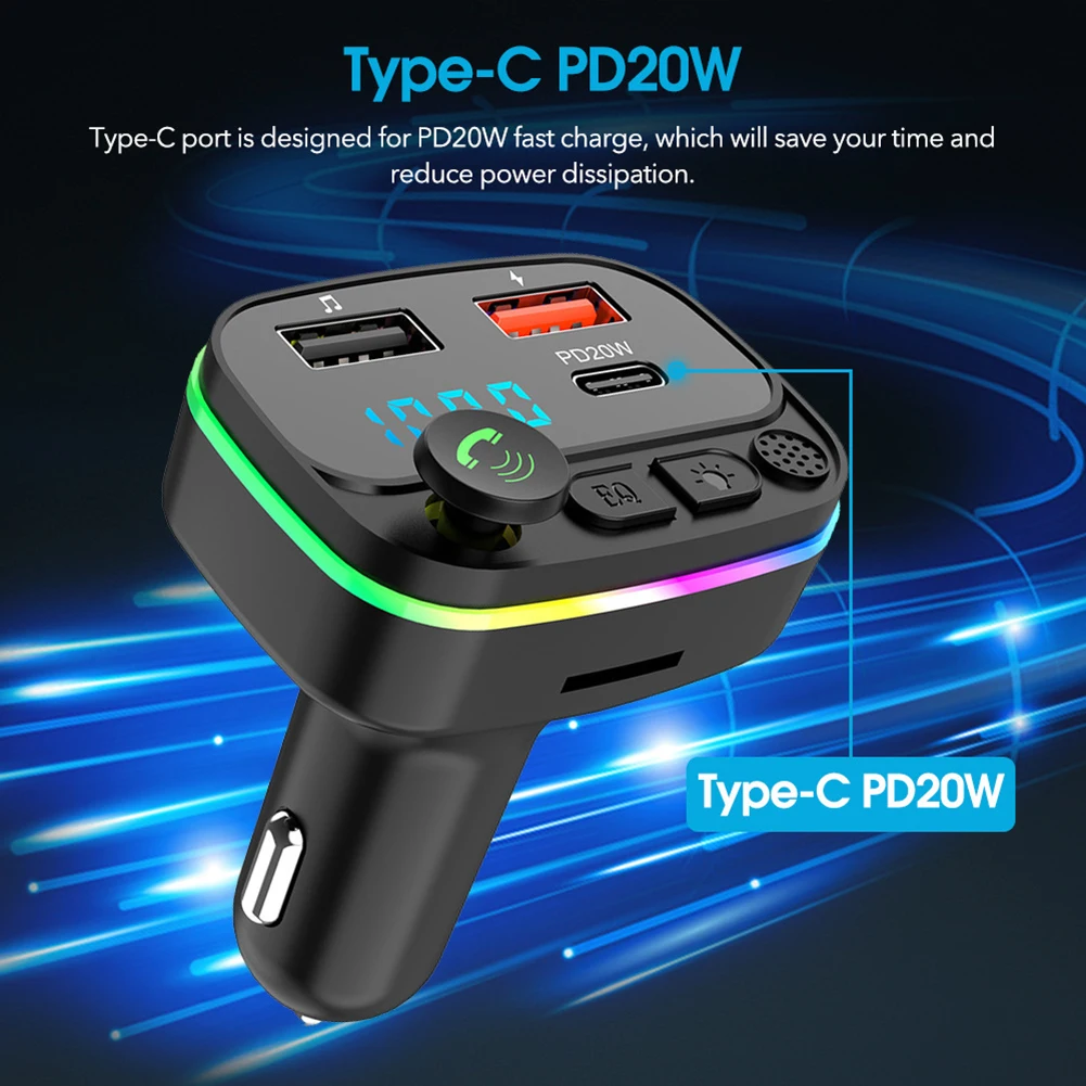 

Автомобильный FM-передатчик PD20W с функцией быстрой зарядки, 5,0 А, 2 USB, Bluetooth 100%