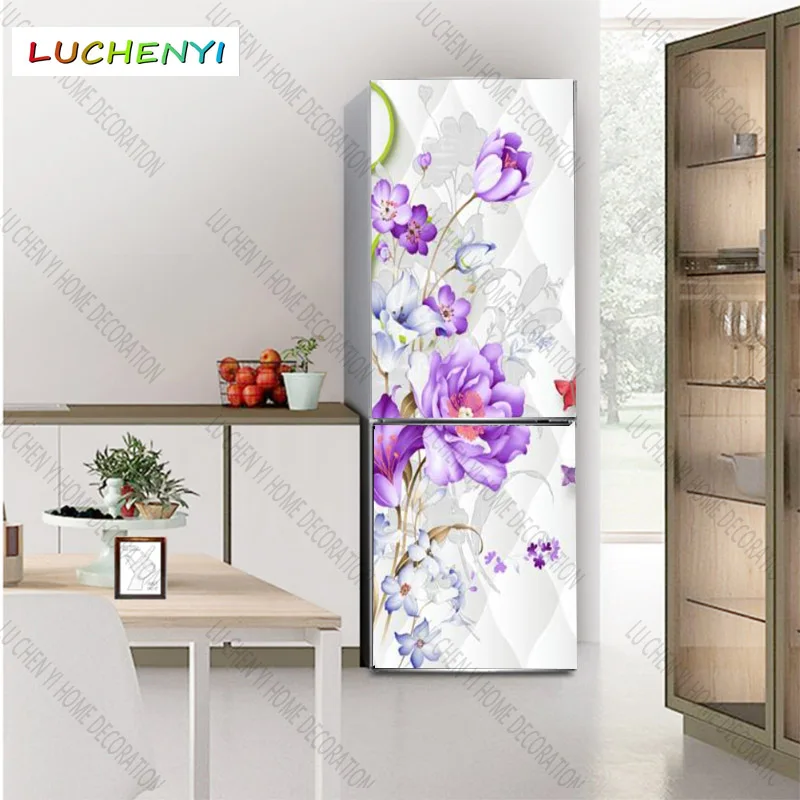 Наклейка на холодильник с синими птицами и цветами под заказ