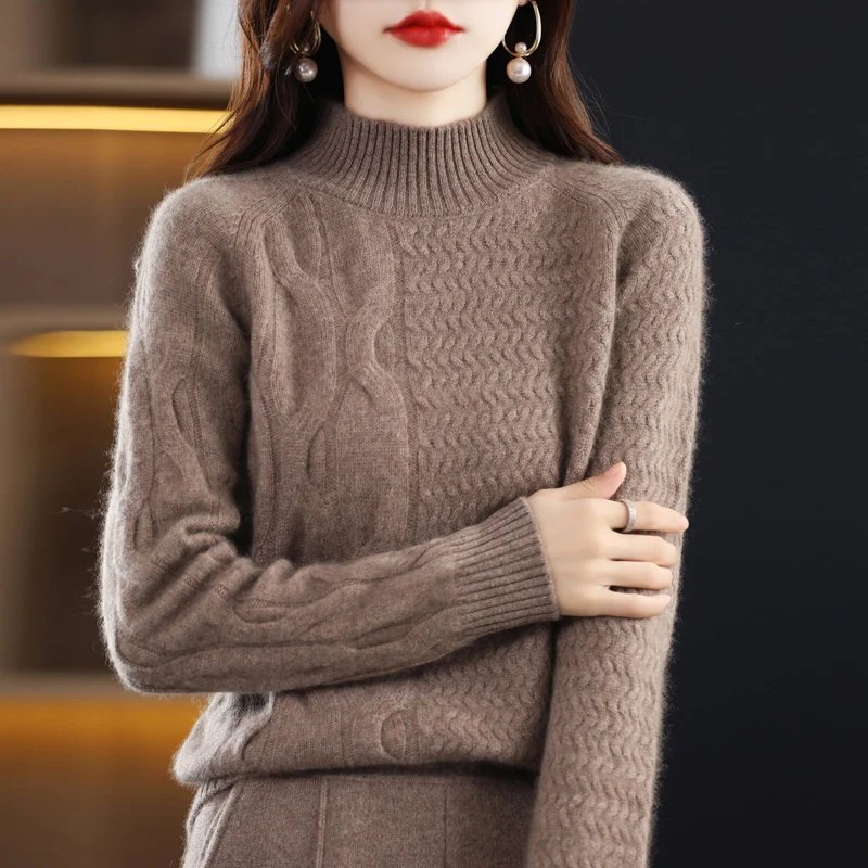 

Autumn and Winter New Women's Half High Collar Thickened Twisted Woolen Sweater Loose Slim Versatile Undercoat Sweater