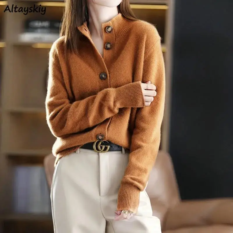 

Cardigan Women Button Stand-up Collar Solid Loose Basic Soft Casual Cozy Elegant Simple All-match College Korean Style Retro Ins