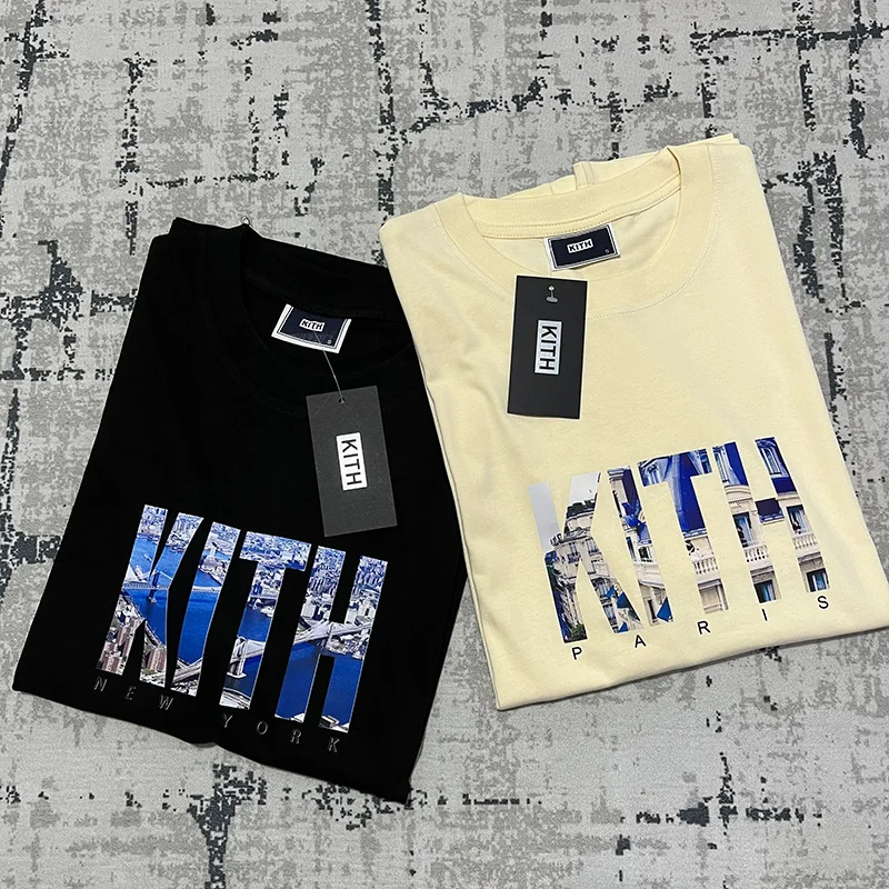 

23SS KITH Big Logo PARIS LANDMARK TEE Men Women Loose Cotton Black Apricot White Short Sleeve High Street Kith T-Shirt