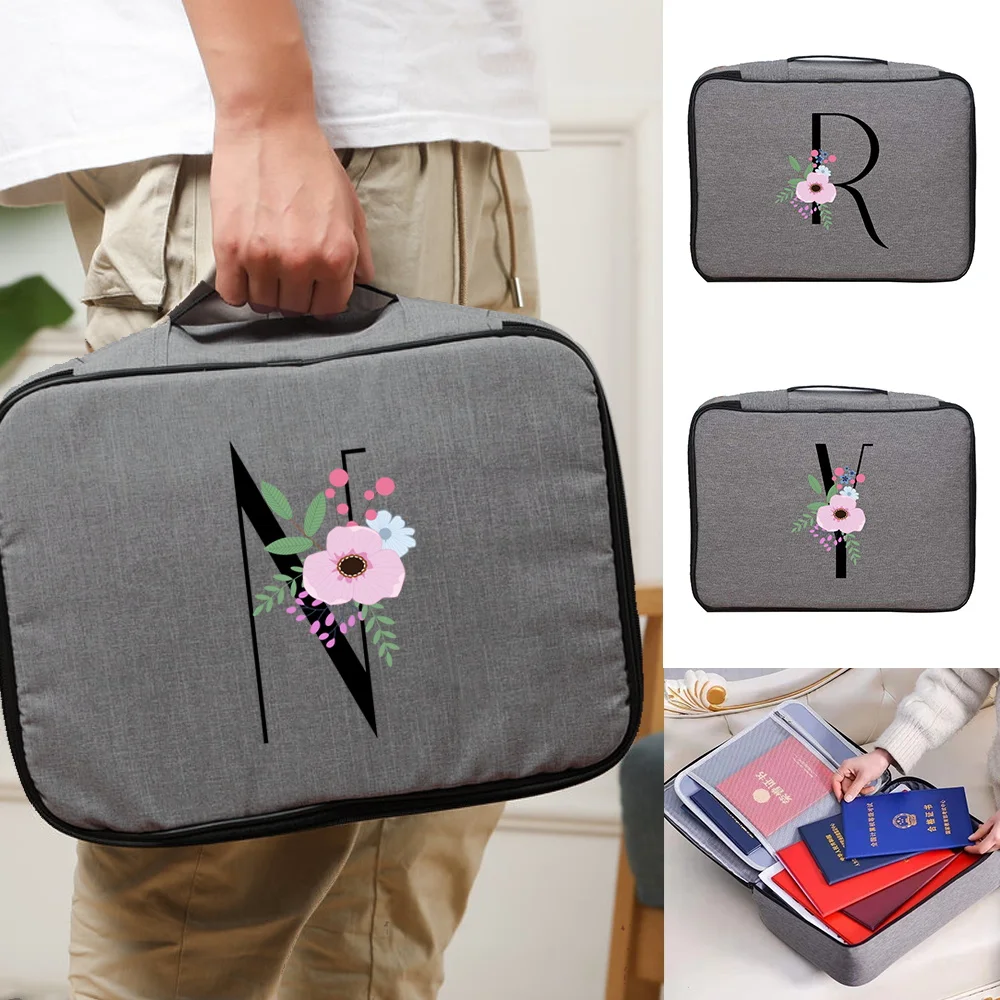 File Holder Handbag Men Women Outdoor Travel Credentials Storage Bag Flower Black Letter Pattern Waterproof Documents Organizer