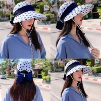 2022 large brimmed hat female summer sunscreen neck shawl fashion wave dot pattern beach bow sun caps