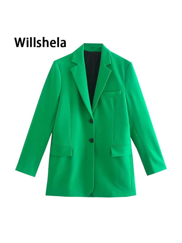 Willshela Women Fashion Green Blazer Long Sleeves Single breasted Elegant Office Lady Suit Casual Woman Blazer Suit veste femme