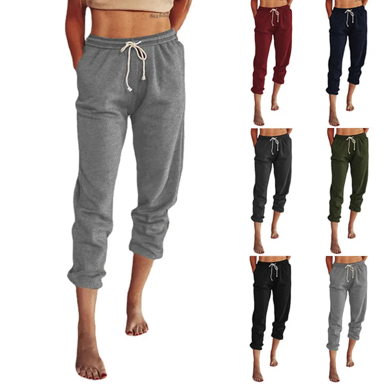 

New solid color casual trousers women's 2022 spring and summer loose high waist lace-up nine-point leggings