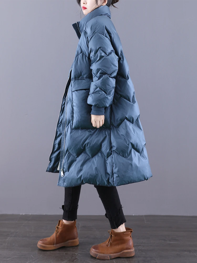 

2022 New X-Long Loose Stand Collar Winter Women Coat 90% White Duck Down Casual Warm Simple Outerwear Fashion Streetwear