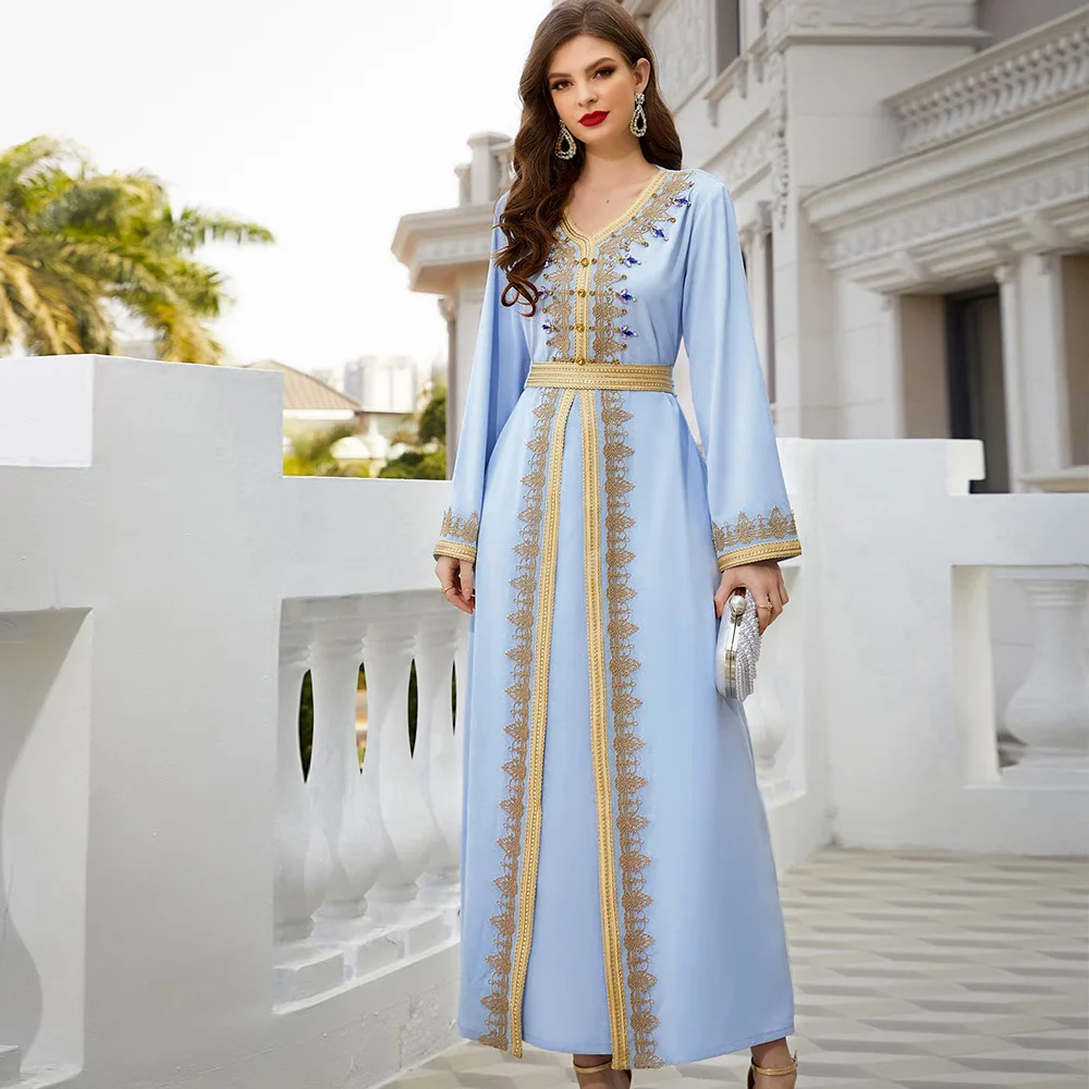 

Light Blue Ribbon Hand-Stitched Diamond Long Sleeve Fake Two-Piece Dress Spring Travel Elegant Fashion Long Skirt Muslim dress