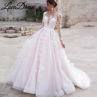 luxury pink long sleeves wedding dress ball gown lace appliques o neck button royal train bride gowns vestido de novia princess