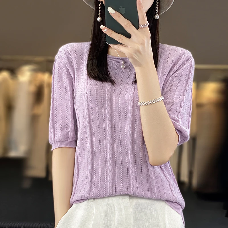 

Женская трикотажная рубашка, летний пуловер из 100% хлопка, повседневный однотонный топ с коротким рукавом и круглым вырезом, футболка