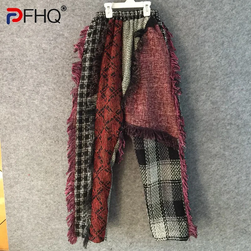 

PFHQ Niche Design Tweed Wornout Tassel Plaid Patchwork Men's Casual Pants Stylish High Quality Personality 2023 Trousers Trendy