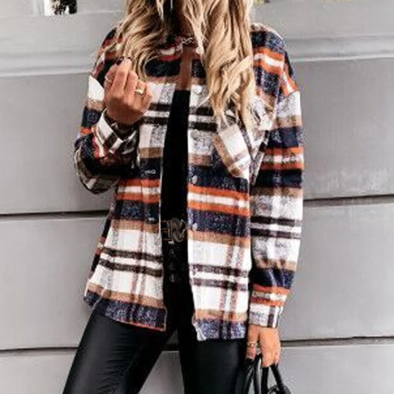 Women's Jackets Fashion Women Plaid Printing Cardigan Button Spring Autumn Coat Blouse Casual Plus Size Outwear Female Jassen