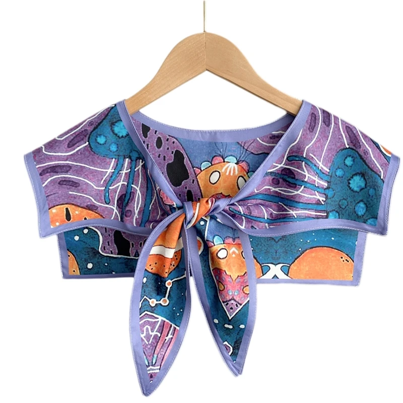 

Women Summer Spring Elegant Silky Scarf Detachable Collar Vintage Abstract Colorful Print Shawl Wrap Neckwear Tie Knot Front Shr