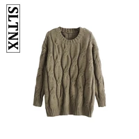 sltnx 2022 new womens autumn and winter sweater casual fashion all match twist thick pullover round neck lazy style loose top