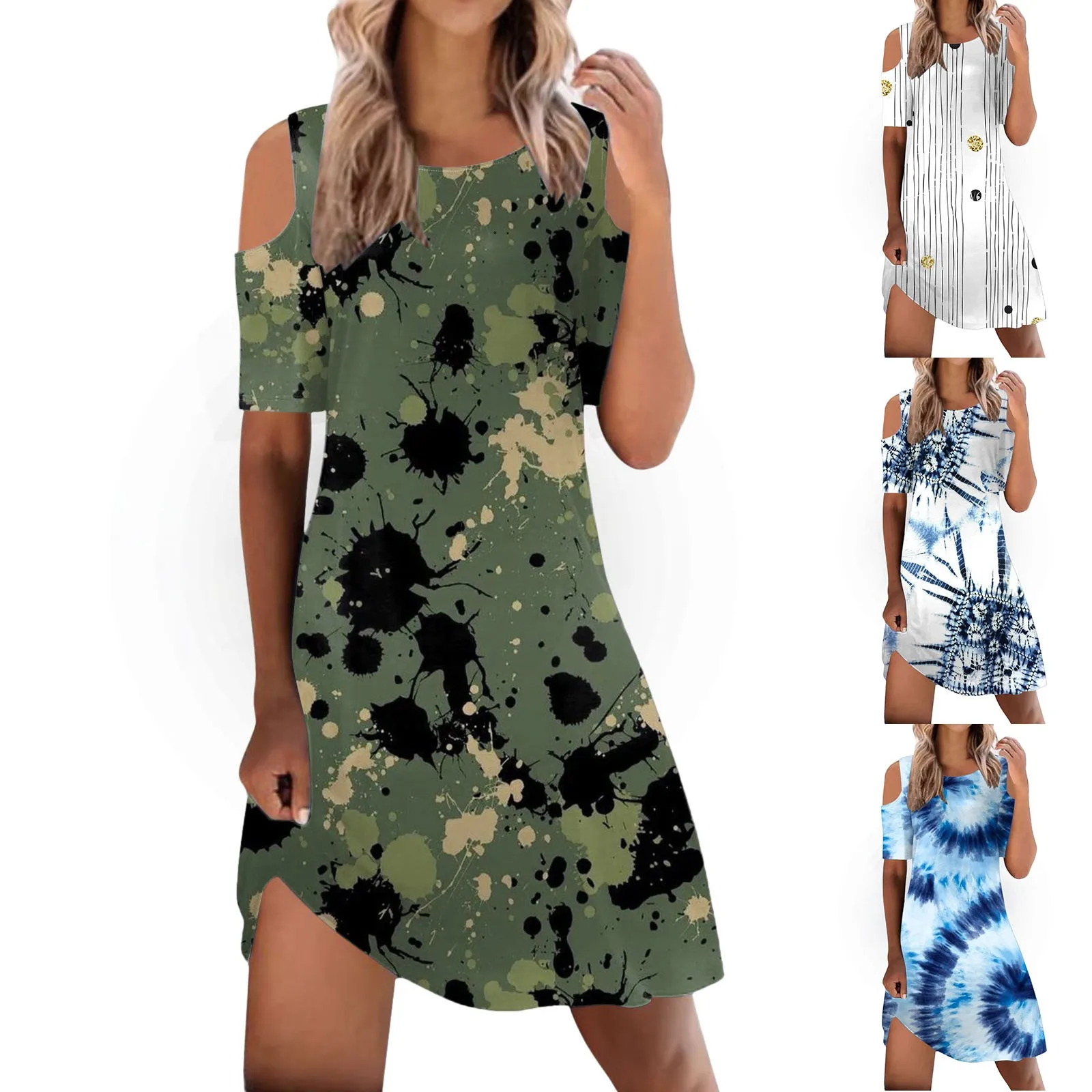 

Women's Summer Dress Short Sleeve Dress Round Neck Waist Beach Casual Halter Mini Dress Soprano Dress Beach Dresses