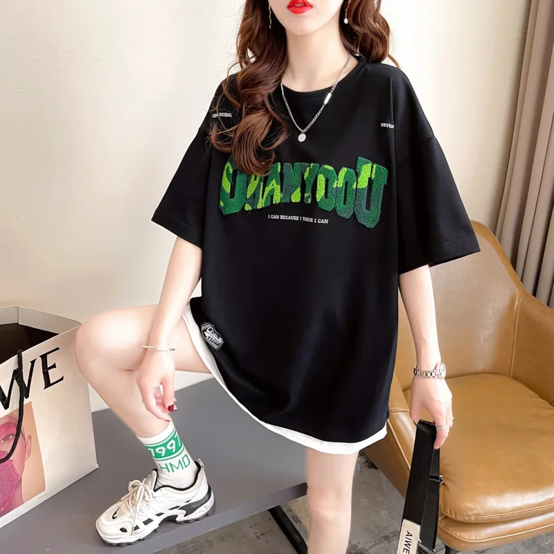 

#4313 Black White Short Sleeve T Shirt Women Letters Embroidery Women's Tee Shirt Cotton Korean Fashion Summer T-Shirt Femme