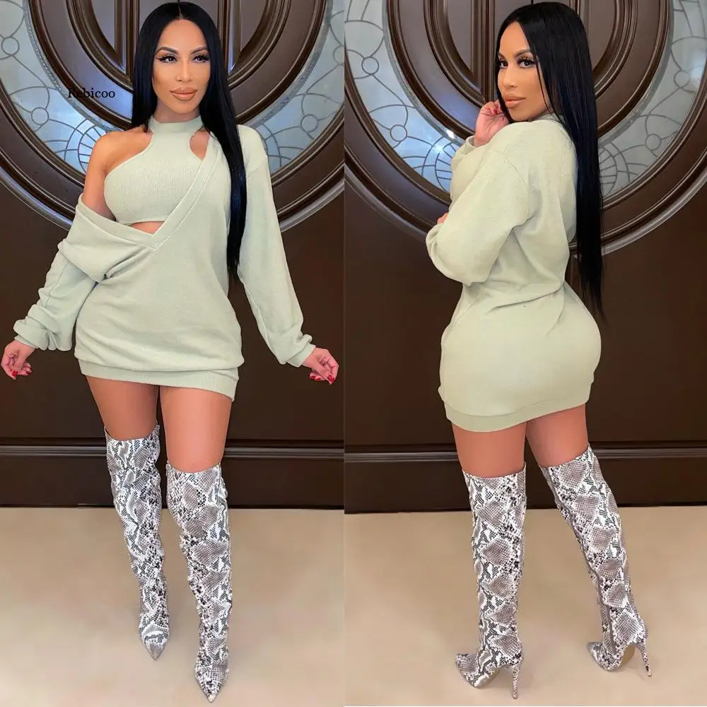 

Sexy Ladies Mini Dress Suit Long Street Fashion Long-Sleeved Big V-Neck Dress + Vest Two-Piece Set Women 2022 New