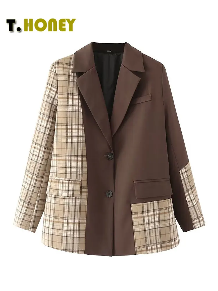 

TELLHONEY Women Fashion Notched Collar Single Breasted Patchwork Blazer Jacket Coats Female Casual Long Sleeves Loose Outerwear