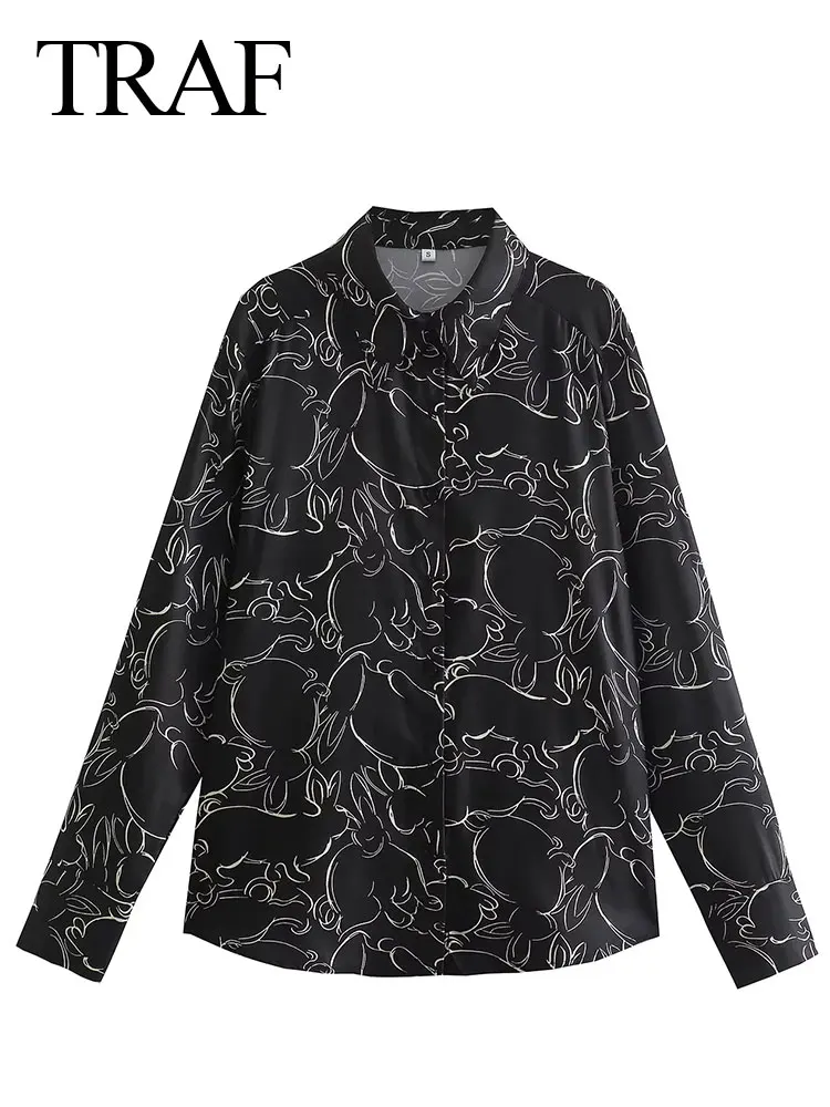

TRAF Women's Vintage Black Long Sleeve Single Breasted Lapel Print Blouse Spring Slim Bottoming Satin Shirt Fashion Streetwear