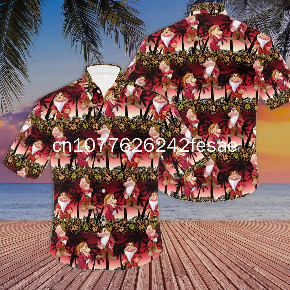 Новинка 2024 гавайская рубашка Disney Grumpy Seven Dwarfs с коротким рукавом Повседневная в