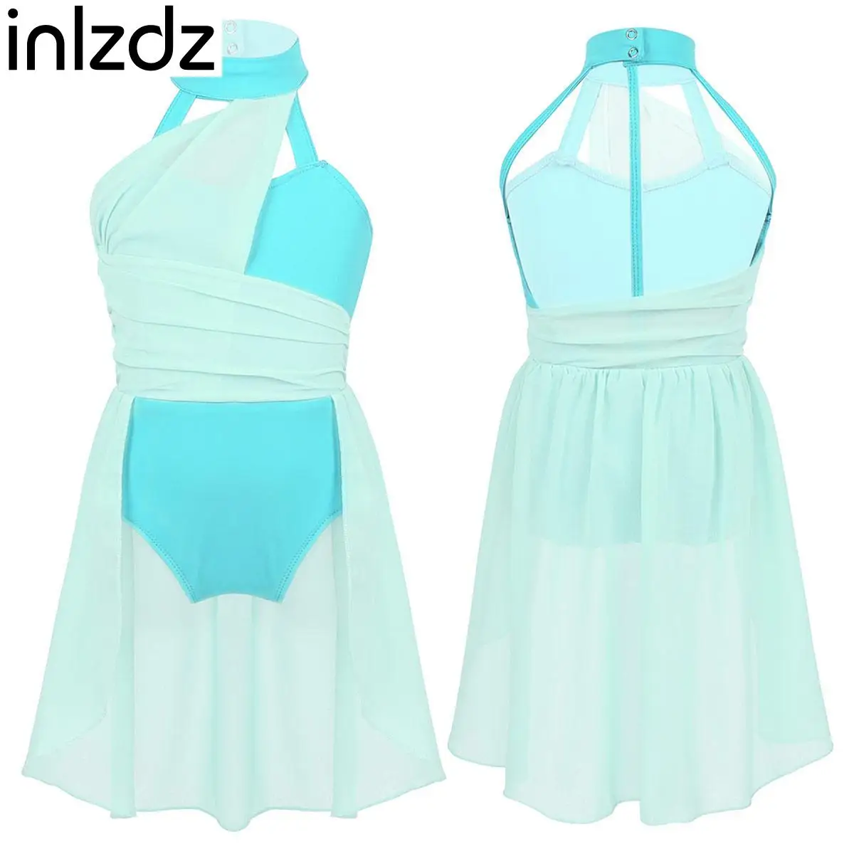

inIzdz Kids Girls Sleeveless Chiffon Bodice Ballet Dance Leotard Dress Patchwork Ruched Caged Back Lyrical Dress Morden Dancing