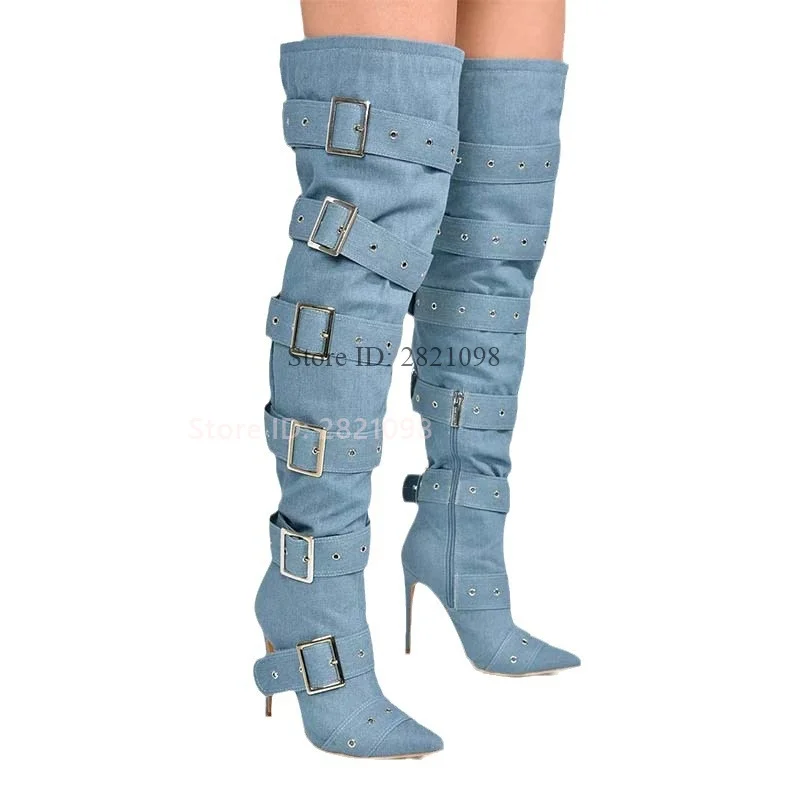 Синие джинсы Demin Jeans Высокие сапоги выше колена с острым носком на шпильке Модные