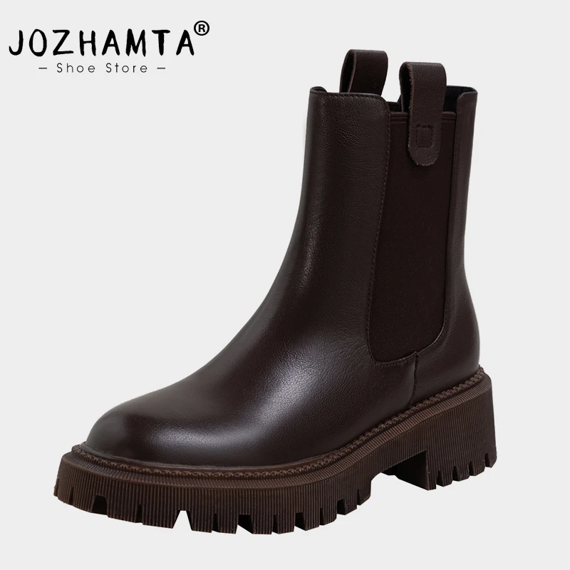 

JOZHAMTA Size 31-43 Ankle Boots For Women Real Leather Shoes Thick High Heels Winter Shoes Woman Casual Platform Round Toe Boots