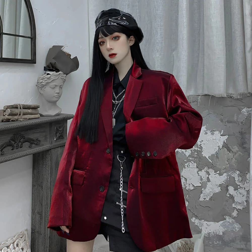 

Burgundy Blazer Women Top Crimson Bright Silk Suit Female Korean Style Personality Western Fashionable Net Red Top Loose Jacket