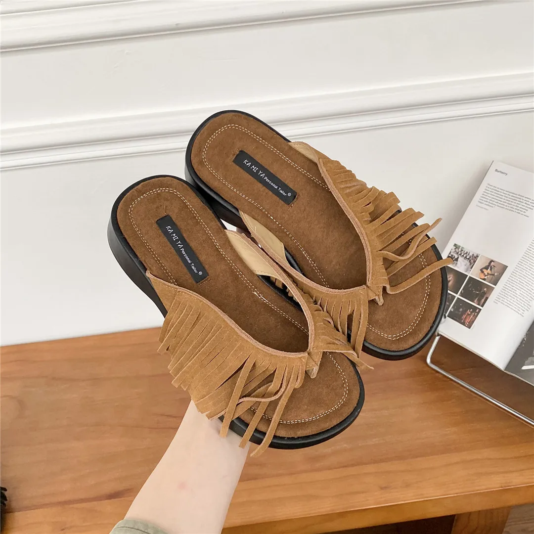 Summer Women Tassel Slippers Thick Soled Shoes Wear Clip on Flip-flops Casual Retro Slippers 2023 New Fashion Sandals Slide