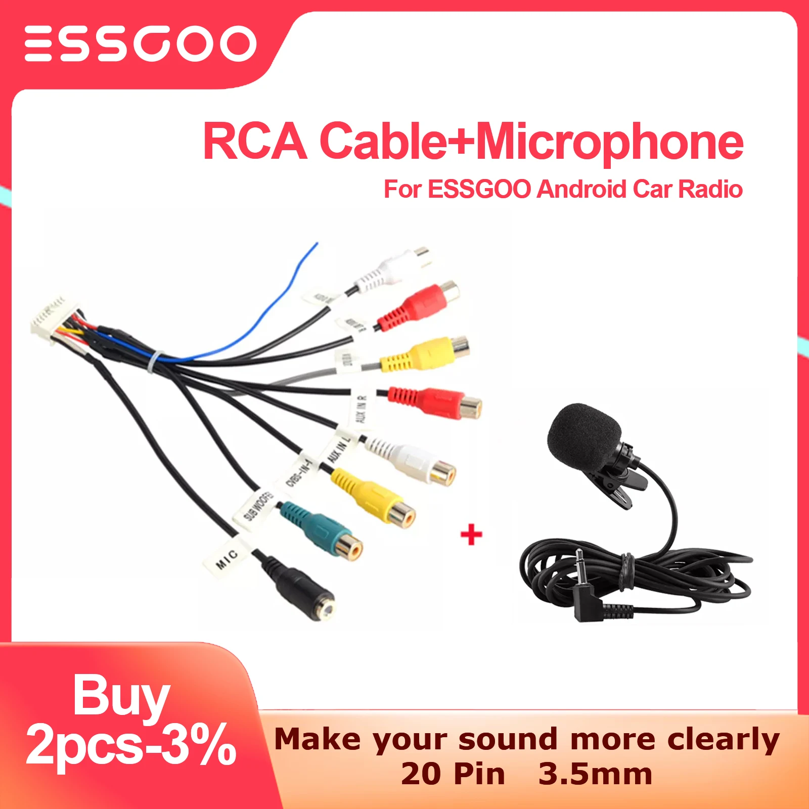 

RCA Cable For ESSGOO Android Car Radio To Connect Microphone Subwoofer Wires 3.5mm Mic Output Subwoofer Kit